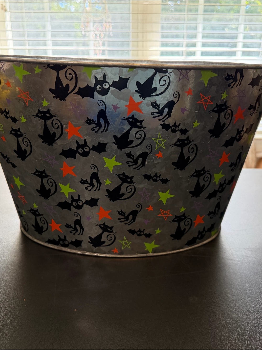 Halloween Cat & Bat Metal Candy Tub - Black with Orange & Green Stars